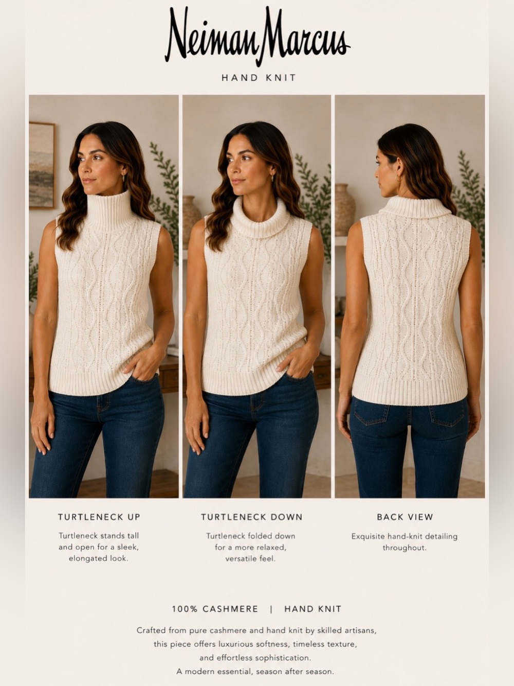 Neiman Marcus Hand Knit | Cashmere Cable Turtleneck Vest | Size M